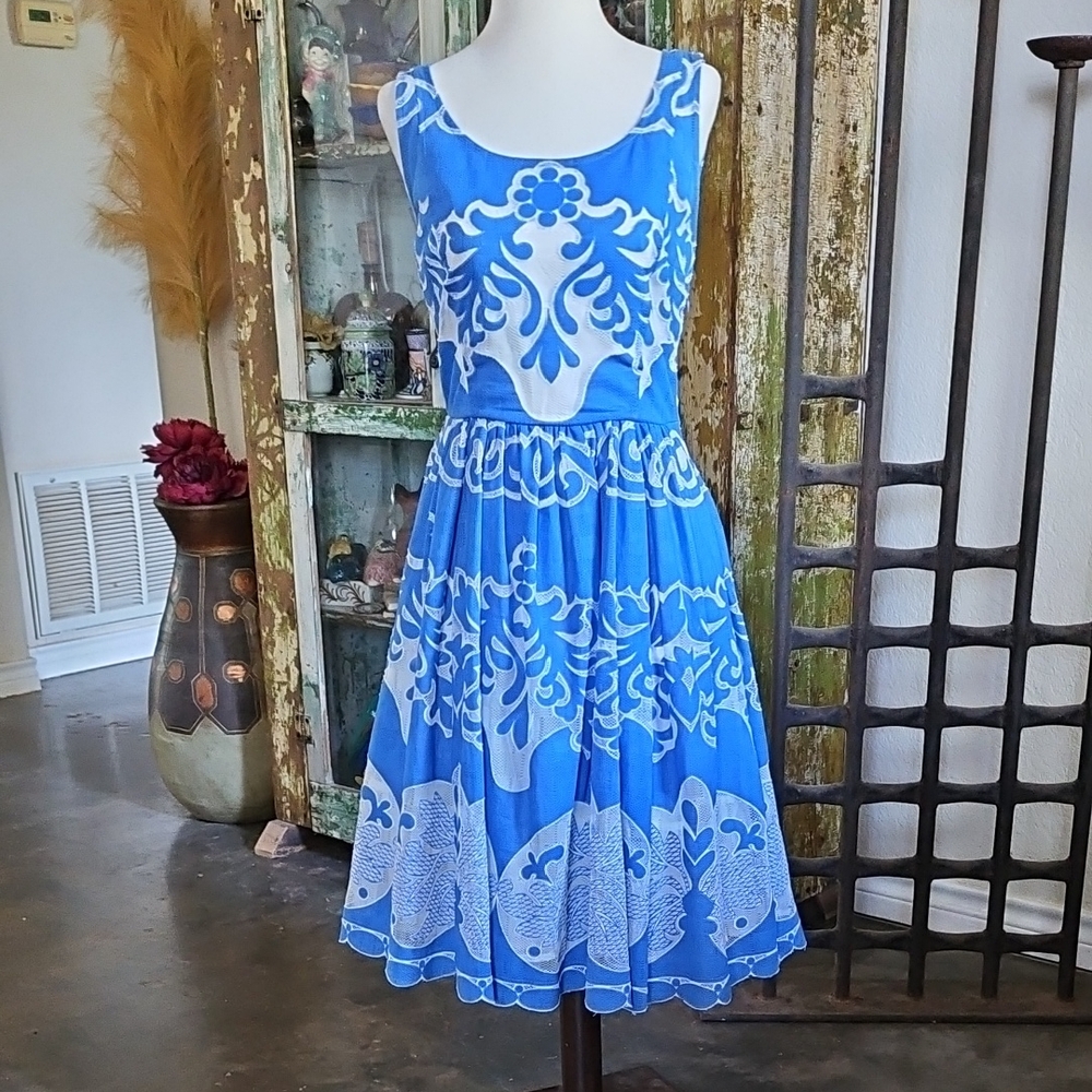 Anthropologie Plenty by Tracy Reese Azure Lace Dress folklore blue white SZ 2